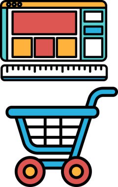 Bilgisayar monitörünün yanında mavi bir alışveriş arabası gösteriliyor. Vagon boş ve monitör kapalı. Basitlik ve minimalizm kavramı, bir alışveriş arabasının temel unsurlarına odaklanmış.