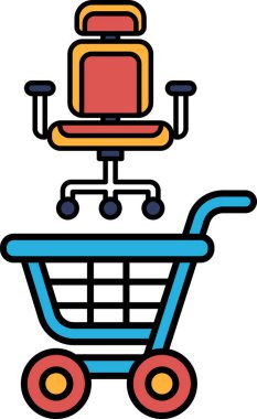 Üstünde bir sandalye olan mavi bir alışveriş arabası. Sandalye kırmızı ve sarı. Araba boş.