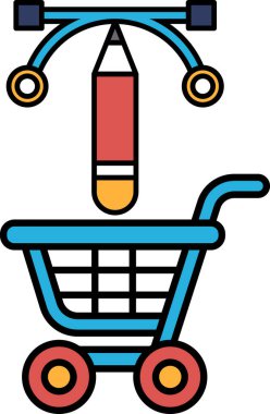 Ortasında kırmızı kalem olan mavi bir alışveriş arabası. Kalem arabanın ortasına yerleştirilir ve dikkat çekilir. At arabası çizgi film karakterlerine benzemek için tasarlandı.