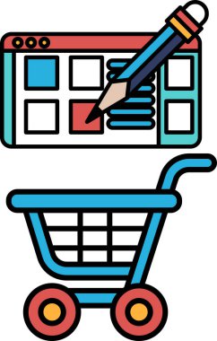 Üzerinde kalem olan mavi bir alışveriş arabası. Kalem, üzerinde alışveriş arabası olan bir ekranda.