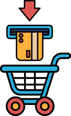 Üstünde kart okuyucu olan mavi bir alışveriş arabası. Kart okuyucu, kartın yerleştirildiğini belirterek aşağı işaret ediyor