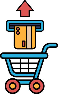 Üstünde kart okuyucu olan mavi bir alışveriş arabası. Kart okuyucu yukarı doğru işaret ediyor, kullanıcının bir alım yapmak üzere olduğunu gösteriyor