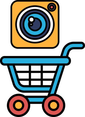 Üstünde bir kamera olan bir alışveriş arabası. Alışveriş arabası mavi ve beyaz.