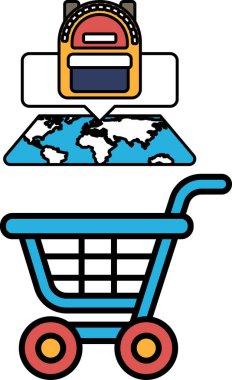 Üstünde sırt çantası olan mavi bir alışveriş arabası. Sırt çantası 