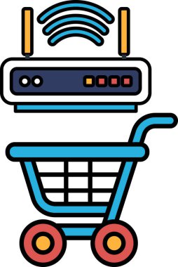 Üstünde Wi-Fi yönlendirici olan bir alışveriş arabası. Araba mavi ve kırmızı.