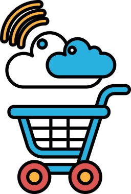 Arkasında bulut olan bir alışveriş arabası. Araba mavi ve kırmızı.