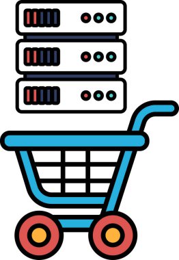 Bir karton veri depolama cihazı olan mavi bir alışveriş arabası. Kutu sabit disklerle dolu ve araba boş.