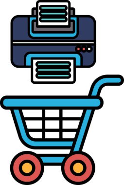 Üzerinde yazıcı ve kağıt yığını olan mavi bir alışveriş arabası. Yazıcı el arabasının sağ tarafında.