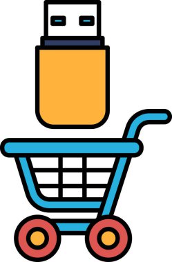 İçinde USB bellek olan bir alışveriş arabası. Araba mavi ve kırmızı.
