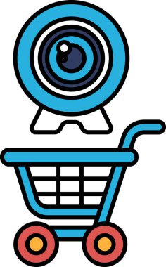 Üzerinde kamera olan mavi bir alışveriş arabası. Kamera teknolojinin sembolü ve alışveriş arabası da ticaretin sembolü.