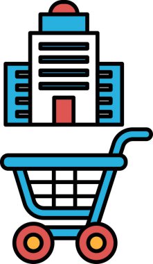 Bir binanın yanında mavi bir alışveriş arabası var. Vagon boş. Bina yüksek ve kırmızı bir kapısı var.