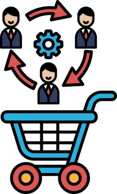 Üzerinde üç kişi olan mavi bir alışveriş arabası ve onu gösteren oklar. İnsanlar gülümsüyor ve araba dolu.