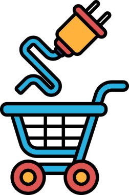 Üzerinde tıpa olan mavi bir alışveriş arabası. Vagon boş. Fiş sarı ve kırmızı.