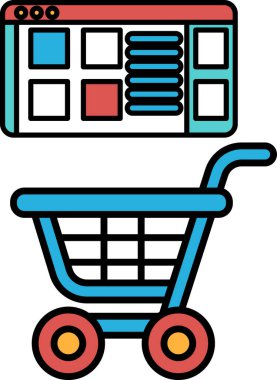 Üzerinde ekran olan mavi bir alışveriş arabası. Araba boş.