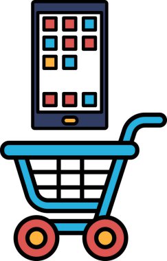 Üstünde cep telefonu olan mavi bir alışveriş arabası. Telefon el arabasının sol tarafında.