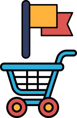 Üstünde bayrak olan mavi bir alışveriş arabası. Bayrak kırmızı ve sarı. Araba boş.