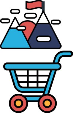 Üstünde bayrak olan mavi bir alışveriş arabası. Bayrak kırmızı ve beyaz ve üzerinde bir dağ var.