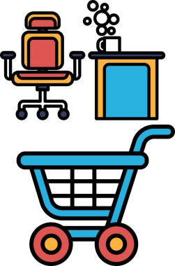 Mavi bir alışveriş arabası bir sandalye ve bir kahve fincanının yanındaki masada. Sahne bir ev ofisinde ya da küçük bir çalışma alanında geçiyor.