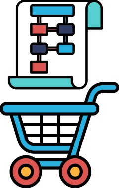 Üzerinde beyaz bir kağıt olan mavi bir alışveriş arabası. Kağıdın üzerinde bir diyagram var.