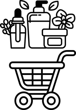 İçinde bir şişe losyon ve bir şişe parfüm bulunan bir alışveriş arabasının siyah beyaz çizimi.