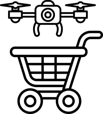 Bir İHA alışveriş arabasının üzerinde uçuyor. İnsansız hava aracı, beyaz bir arka plana yerleştirilmiş alışveriş arabasının üzerinde uçuyor. Teknoloji ve modernlik kavramının yanı sıra kolaylık kavramı
