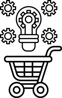 Üstünde ampul olan bir alışveriş arabasının siyah beyaz çizimi. Ampul, yenilik ve ilerleme fikrini temsil eden dişlilerle çevrilidir.