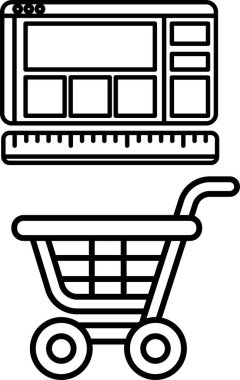 Bir alışveriş arabası ve bilgisayar monitörünün siyah beyaz görüntüsü. Bilgisayar monitörü bir alışveriş arabası ikonu olan bir web sitesi gösteriyor. Çevrimiçi alışveriş kavramı