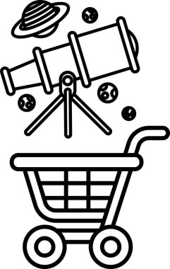 Üstünde teleskop olan bir alışveriş arabasının siyah beyaz çizimi. Araba birkaç top ve bir kitap da dahil olmak üzere çeşitli eşyalarla dolu. Merak ve keşif kavramı