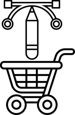 Bir kalem ve bir kağıt parçasıyla bir alışveriş arabasının siyah beyaz çizimi. Kalem ve kağıt alışveriş arabasının üstüne konur.
