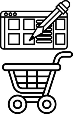 Üzerinde kalem olan bir alışveriş arabasının siyah beyaz çizimi. Üzerinde kalem olan bir alışveriş arabası çizimi, ve sadece resmin üzerine ne yazdığını yazmak önemli değil.