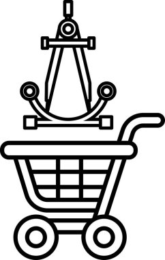 Üstünde pusula ve cetvel olan bir alışveriş arabası. Araba siyah beyaz.