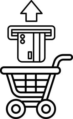 Üstünde kredi kartı okuyucusu olan bir alışveriş arabasının siyah beyaz görüntüsü. Alışveriş kavramı ve kredi kartını ödeme için kullanma kolaylığı
