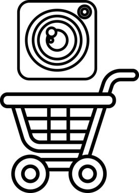 Üstünde kamera olan bir alışveriş arabasının siyah beyaz görüntüsü..