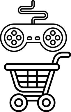 Bir video oyun kumandası ve alışveriş arabasının siyah beyaz görüntüsü. Denetleyici görüntünün sol tarafında ve alışveriş arabası da sağ tarafında. Video oyunları için alışveriş kavramı