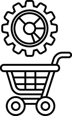 Üstünde vites olan bir alışveriş arabasının siyah beyaz görüntüsü. Bir alışveriş arabasının malları taşımak için kullanıldığı fikri, ve bu teçhizat da arabaya güç veren mekanizmayı temsil ediyor.