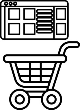 Bir bilgisayar monitörünün yanında bir alışveriş arabası gösterilir. Araba siyah-beyaz ve basit bir tasarımı var. Monitör de siyah ve beyaz ve ızgara deseni var.