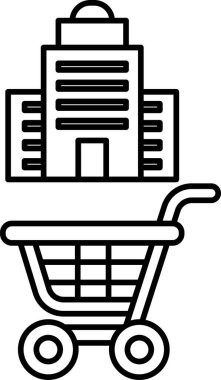 Bir alışveriş arabası bir binanın yanındadır. Araba siyah ve beyaz. Bina yüksek ve birçok penceresi var.