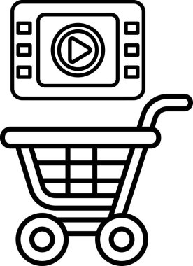 Üstünde video oynatıcı olan bir alışveriş arabası. Video oynatıcı video oynatabilen küçük bir ekrandır. Araç boş ve görüntüde kimse yok. Görüntü siyah ve beyaz.