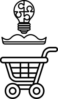 Üstünde ampul olan bir alışveriş arabasının siyah beyaz görüntüsü. Ampul, yaratıcılık ve yenilik fikrini temsil eden bir yapbozla çevrilidir.