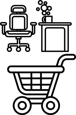 Arkasında sandalye ve masa olan bir alışveriş arabasının siyah beyaz çizimi. Sandalye masanın önüne yerleştirilmiş, ve masada bir fincan ve bir kupa var.