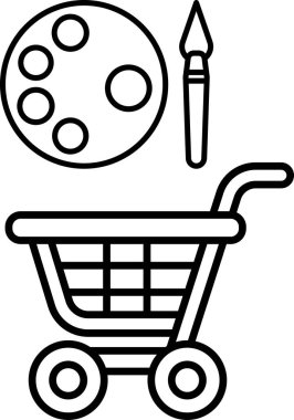 Üzerinde boya paleti ve boya fırçası olan bir alışveriş arabasının siyah beyaz görüntüsü.