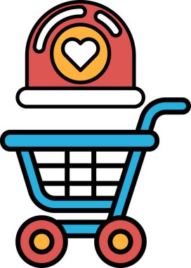 Üstünde kırmızı zil, üstünde kalp olan mavi bir alışveriş arabası..