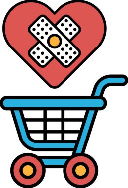 Üzerinde kırmızı bir kalp ve haç olan mavi bir alışveriş arabası. Kalp bandajlarla çevrili.