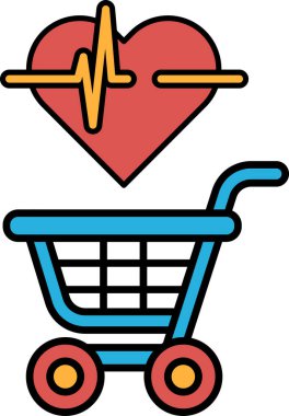 Üstünde kalp olan bir alışveriş arabası. Kalp kırmızıdır ve araba mavidir. Kalp, EKG gibi görünen bir çizgiyle çevrilidir.