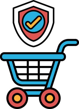 Üstünde kırmızı bir kalkan olan mavi bir alışveriş arabası. Kalkanın üzerinde kontrol işareti var.
