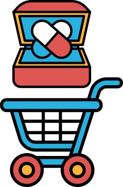 Üstünde kırmızı ve mavi bir kutu olan mavi bir alışveriş arabası. Kutuda haplar var.