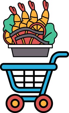 İçinde karides, sebze ve meyve bulunan bir sepet dolusu yiyecek olan mavi bir alışveriş arabası. Araba boş ve doldurulmaya hazır.