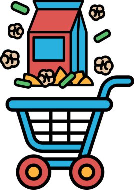 Bir paket patlamış mısırla dolu bir alışveriş arabasının karikatürsel görüntüsü. Torba patlamış mısırla dolup taşıyor, arabadan yere dökülüyor. Sahne eğlenceli ve eğlenceli.