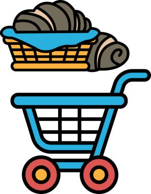Üstünde bir sepet dolusu yiyecek ve battaniye olan mavi bir alışveriş arabası. Sepet meyve, sebze ve atıştırmalıklar da dahil olmak üzere çeşitli eşyalarla dolup taşıyor. Battaniye güzelce katlanmış.