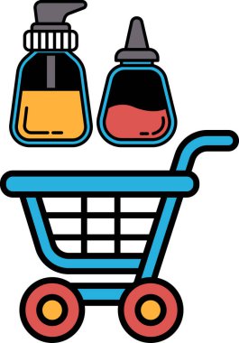 Üzerinde bir şişe sabun ve bir şişe losyon olan mavi bir alışveriş arabası. Araba boş.